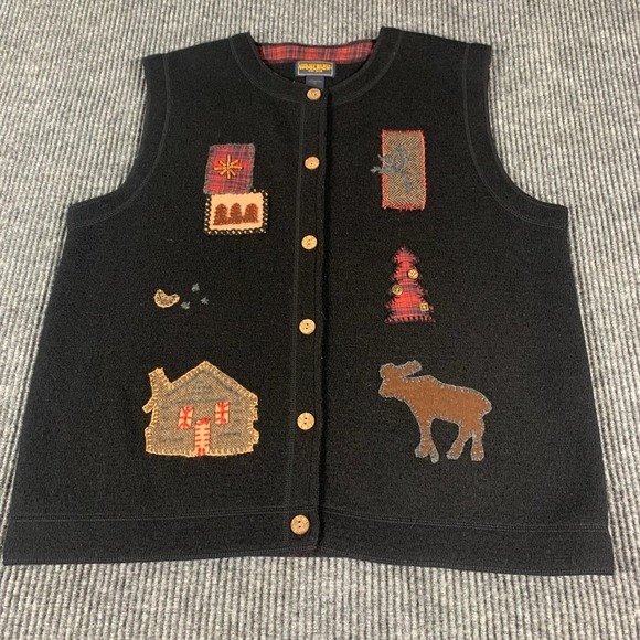 Woolrich Sweaters - VTG Woolrich Sweater Vest Womens XL Black Wool Vest Patches Cottage Core Grandma